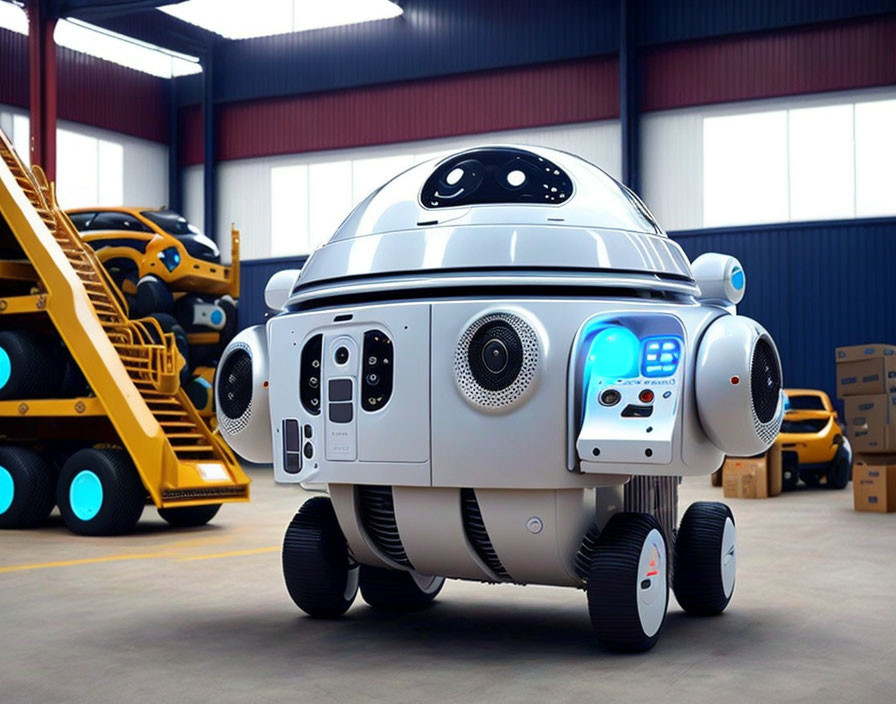 Futuristic robot with dome-shaped head in warehouse setting