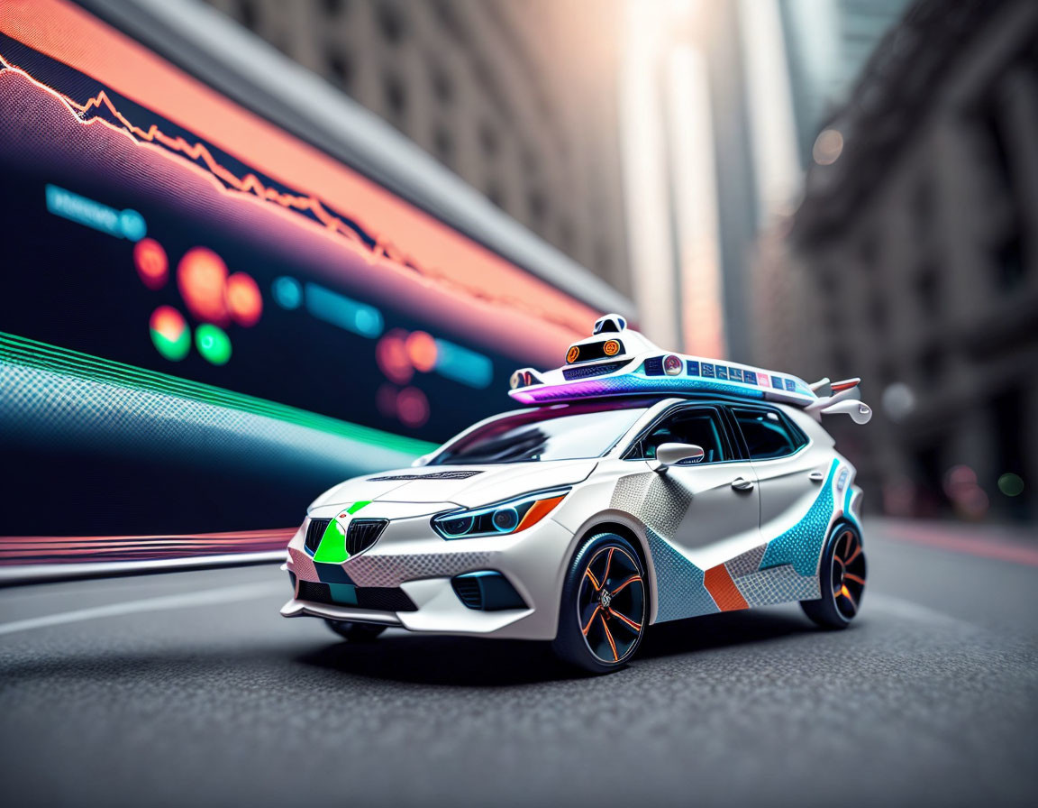 Futuristic Toy Police Car on Urban Street with Digital Stock Market Graphs