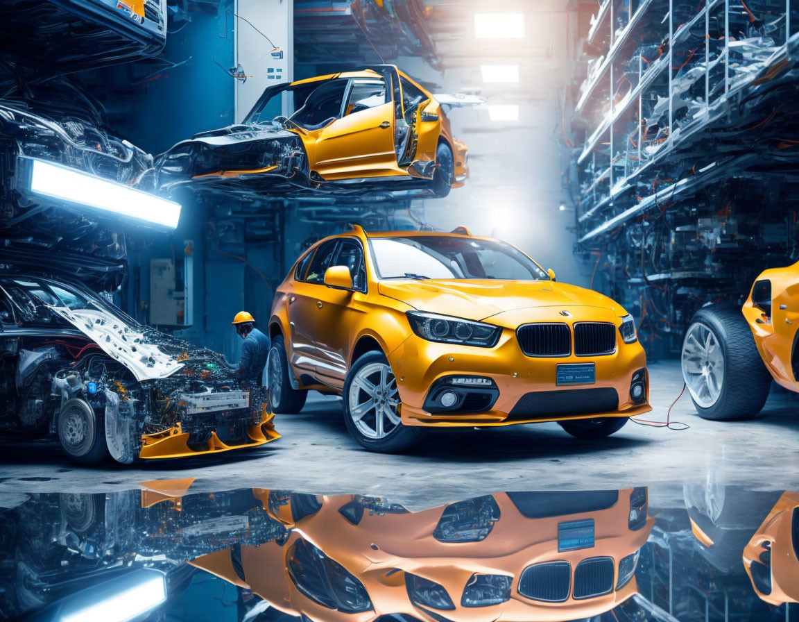 Automobile manufacturing facility with robot arms assembling cars and suspended car bodies.