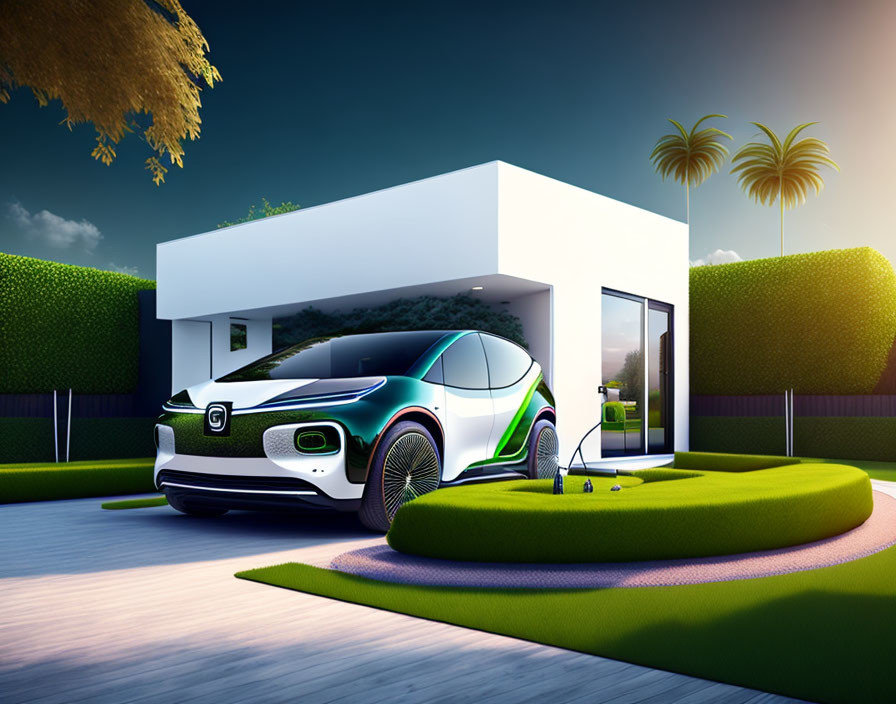 Modern electric car charging at sleek house with manicured lawn at dusk