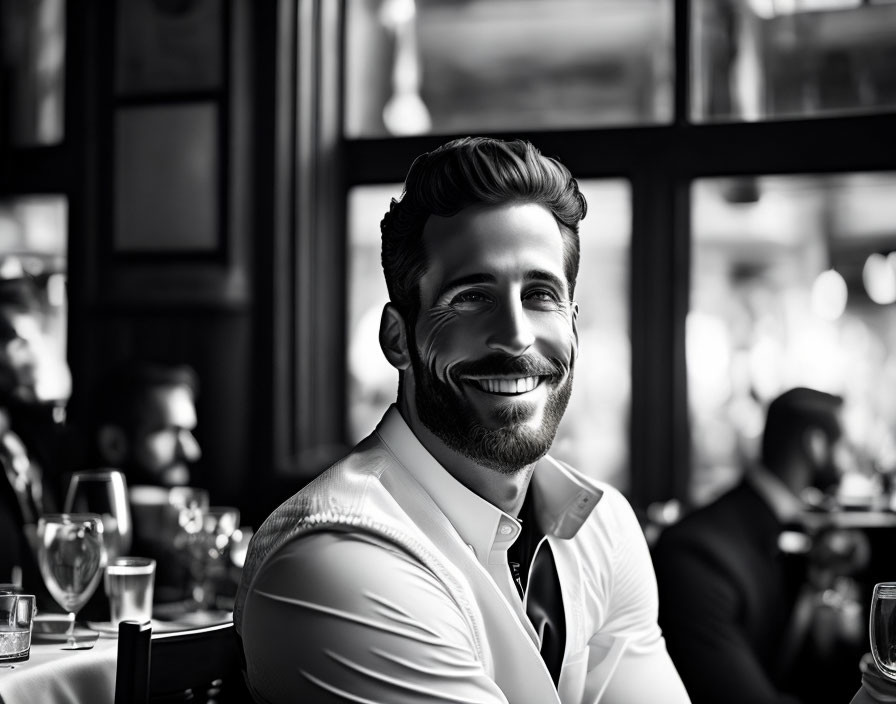 Smiling man with beard in formal attire, seated indoors - black and white photo