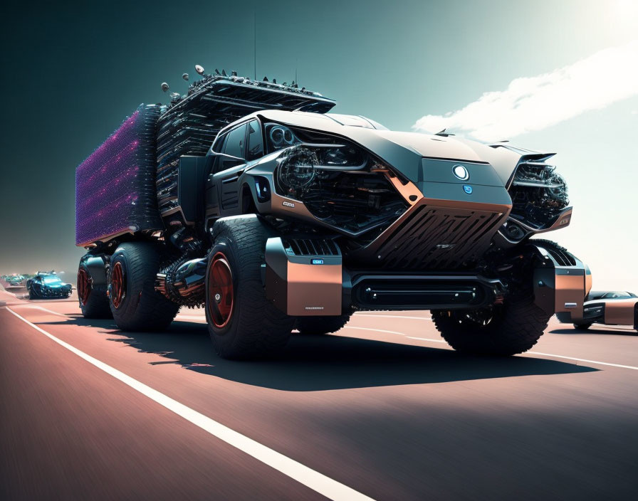 Futuristic armored vehicle with advanced technology on highway