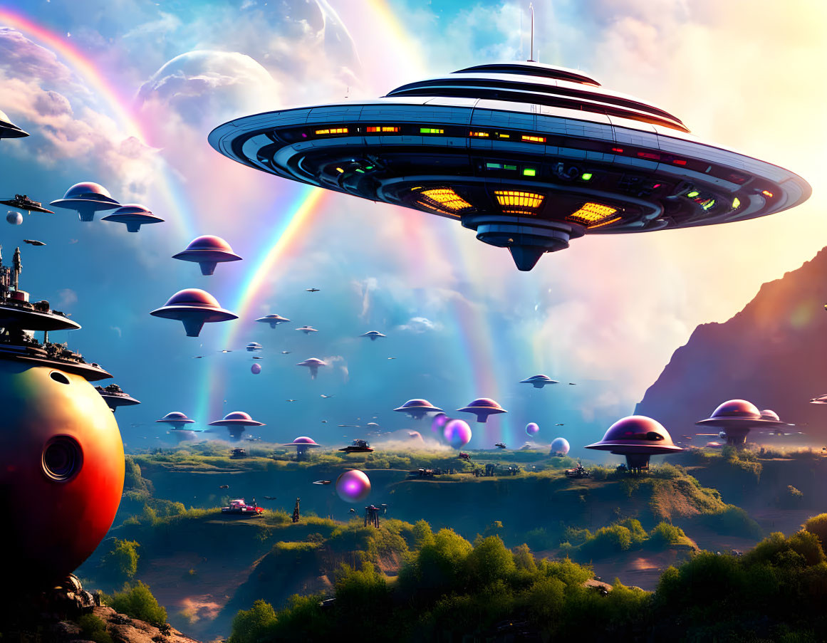 Colorful sci-fi landscape with hovering mothership and flying saucers against mountain backdrop