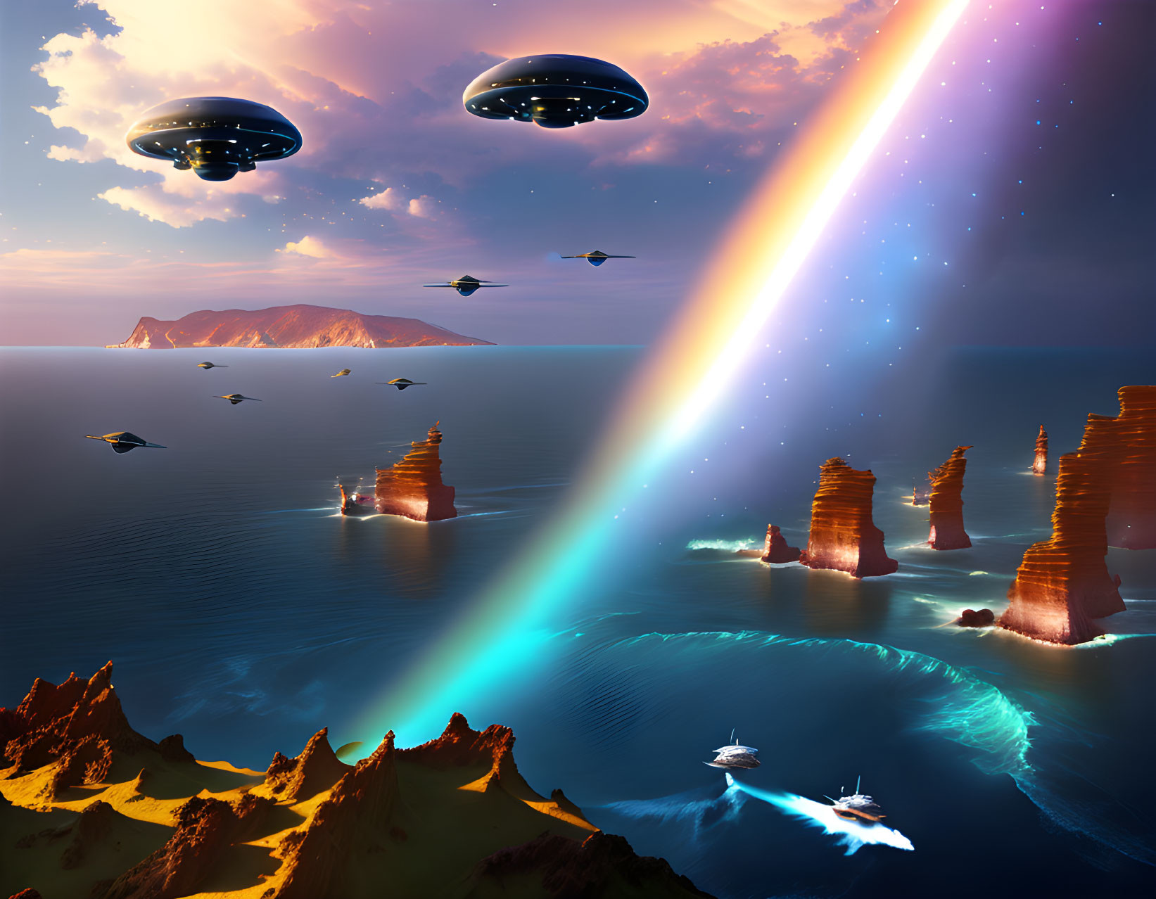 Oceanic Sunset Scene with UFOs, Rocky Pillars, and Futuristic Ships