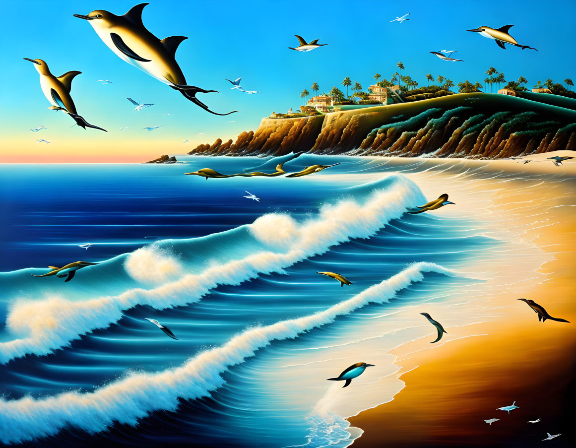 Colorful Seaside Landscape with Surfing Penguins and Seagulls