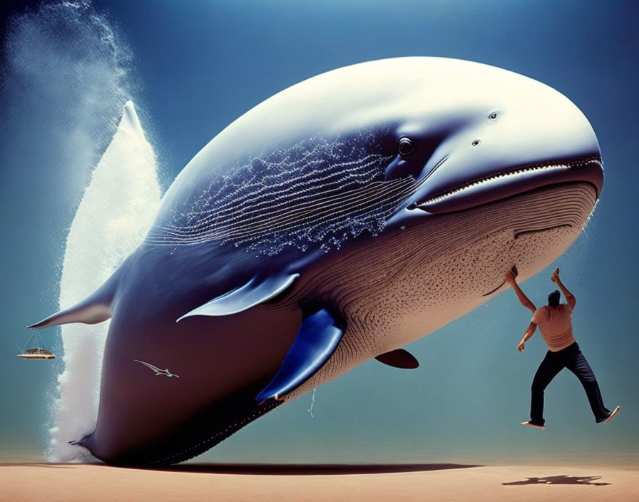 Man holding giant whale on surreal beach with UFO and birds