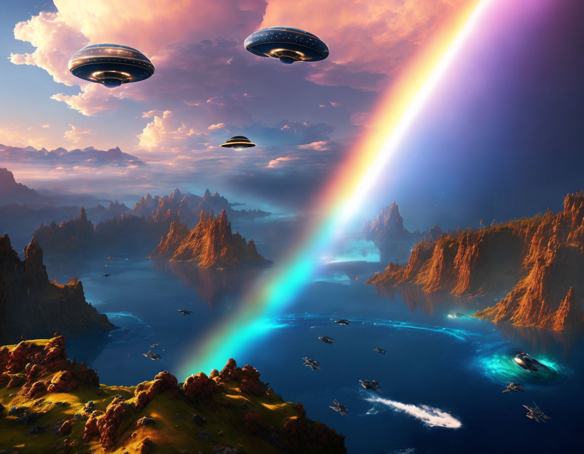 Colorful Sci-Fi Landscape with Floating Islands, Rainbow Beam, and UFOs