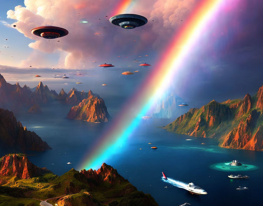 Colorful UFOs over coastal mountains with rainbow and ships.