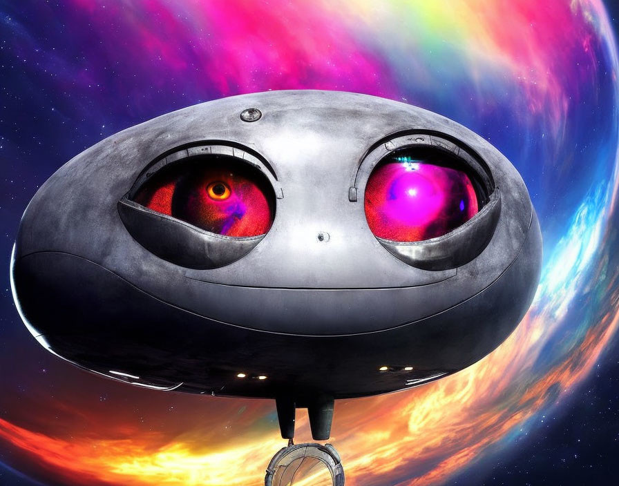 Colorful Alien Spaceship with Large Eyes in Cosmic Setting