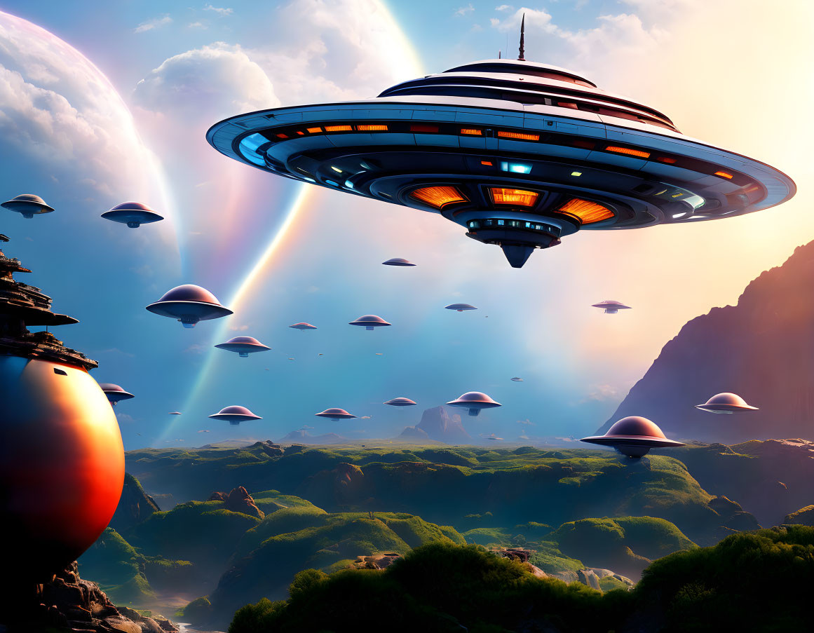 Large UFO hovering over lush landscape with smaller flying saucers, planets, bright sun.