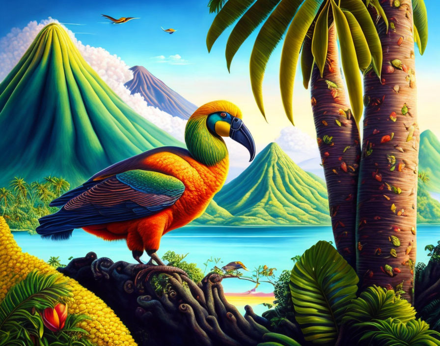 Colorful Macaw in Tropical Landscape with Volcanic Mountains and Beach