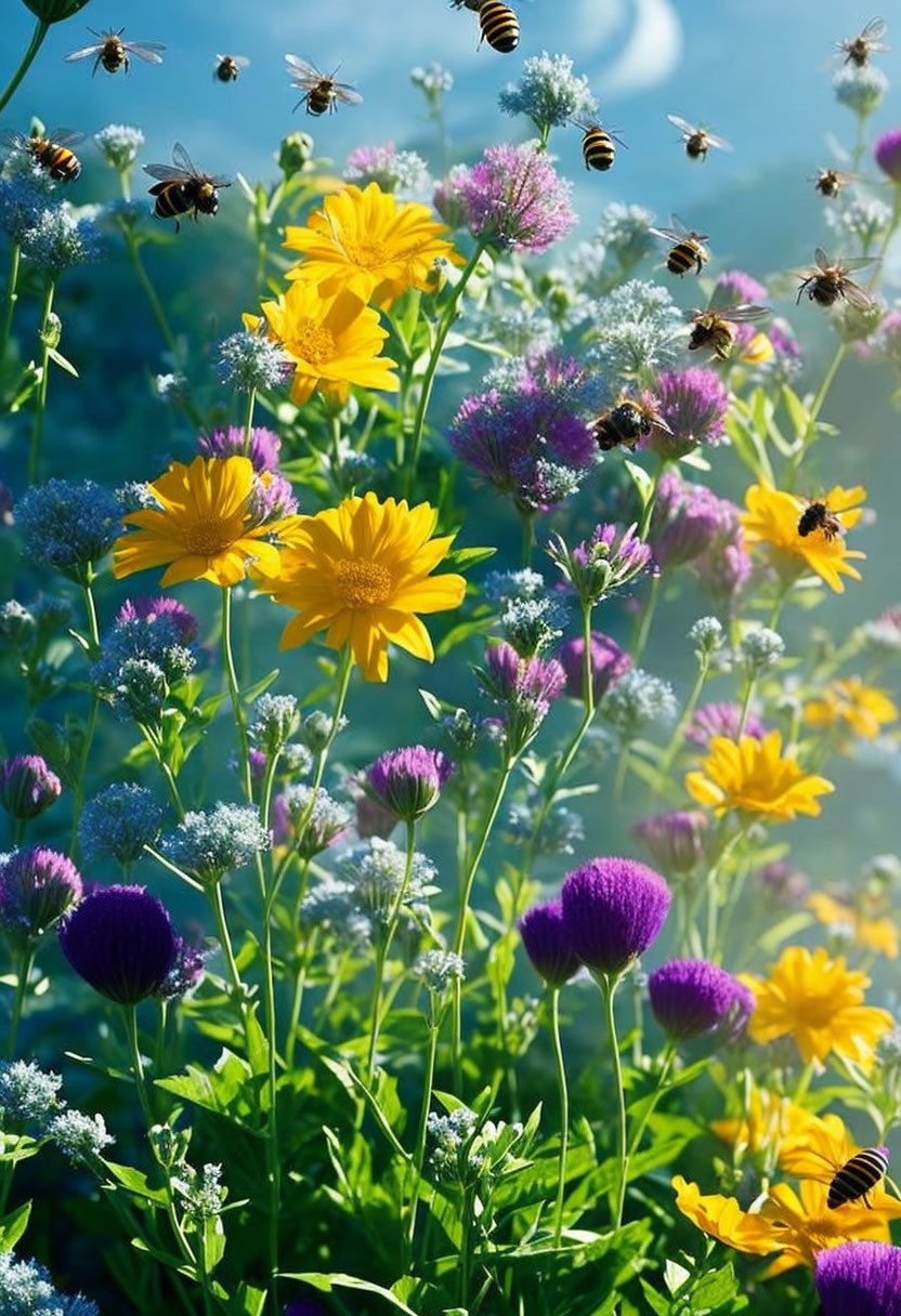 Colorful Garden with Bees and Flowers in Sunlight