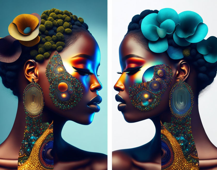 Colorful dual profile portrait of woman with intricate makeup and floral adornments