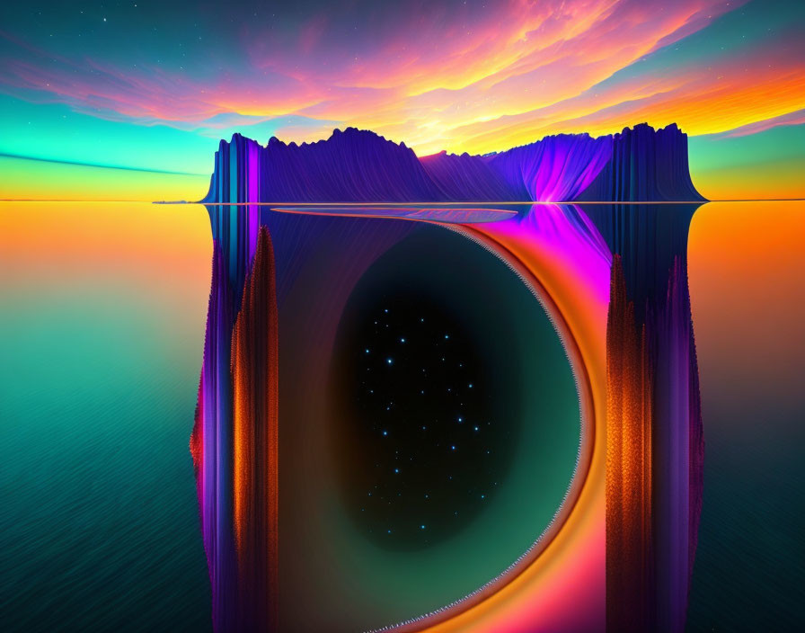 Surreal landscape digital artwork with starry void and vivid sunset sky