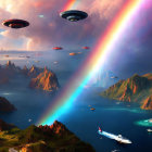 Colorful Sci-Fi Landscape with Floating Islands, Rainbow Beam, and UFOs