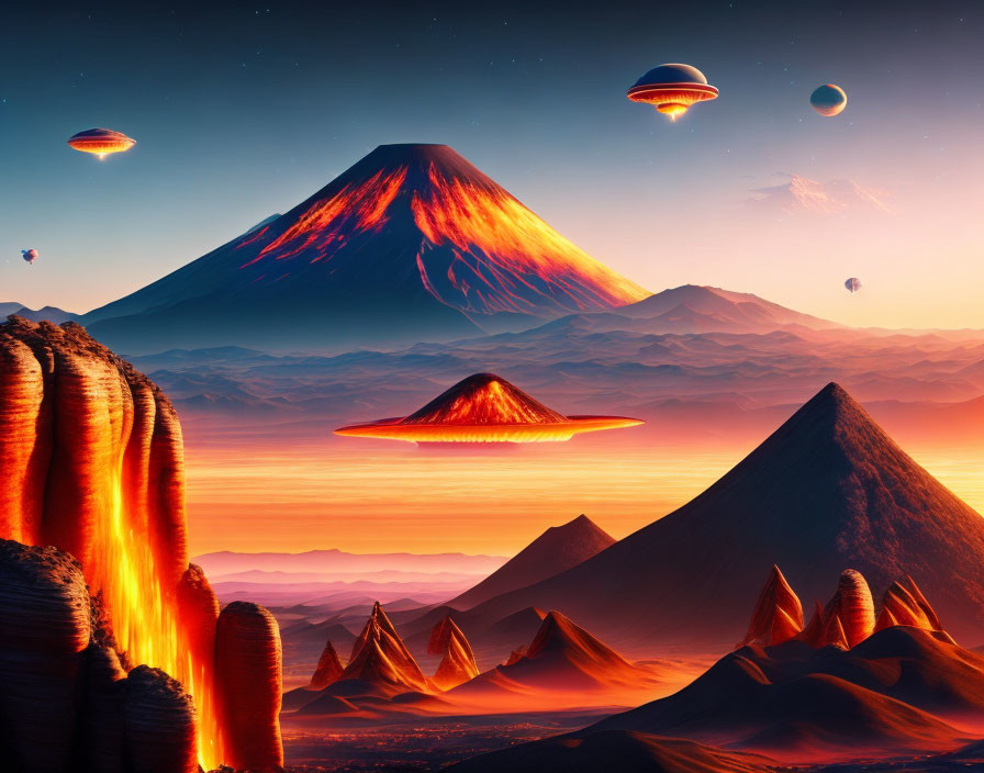 Surreal volcanic landscape with floating UFOs and planets in dusk sky