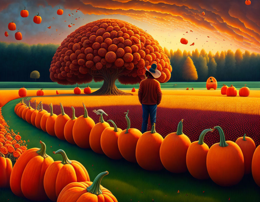 Person in Red Jacket in Vibrant Pumpkin Field at Sunset