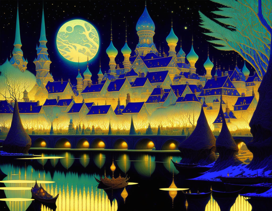 Illuminated palace with onion domes under full moon reflected in water