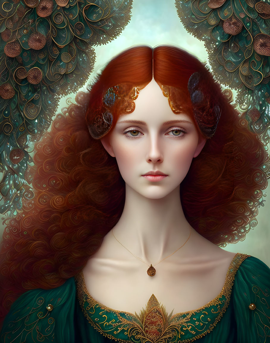 Voluminous red hair and gold leaf headpieces on woman in green ornate dress