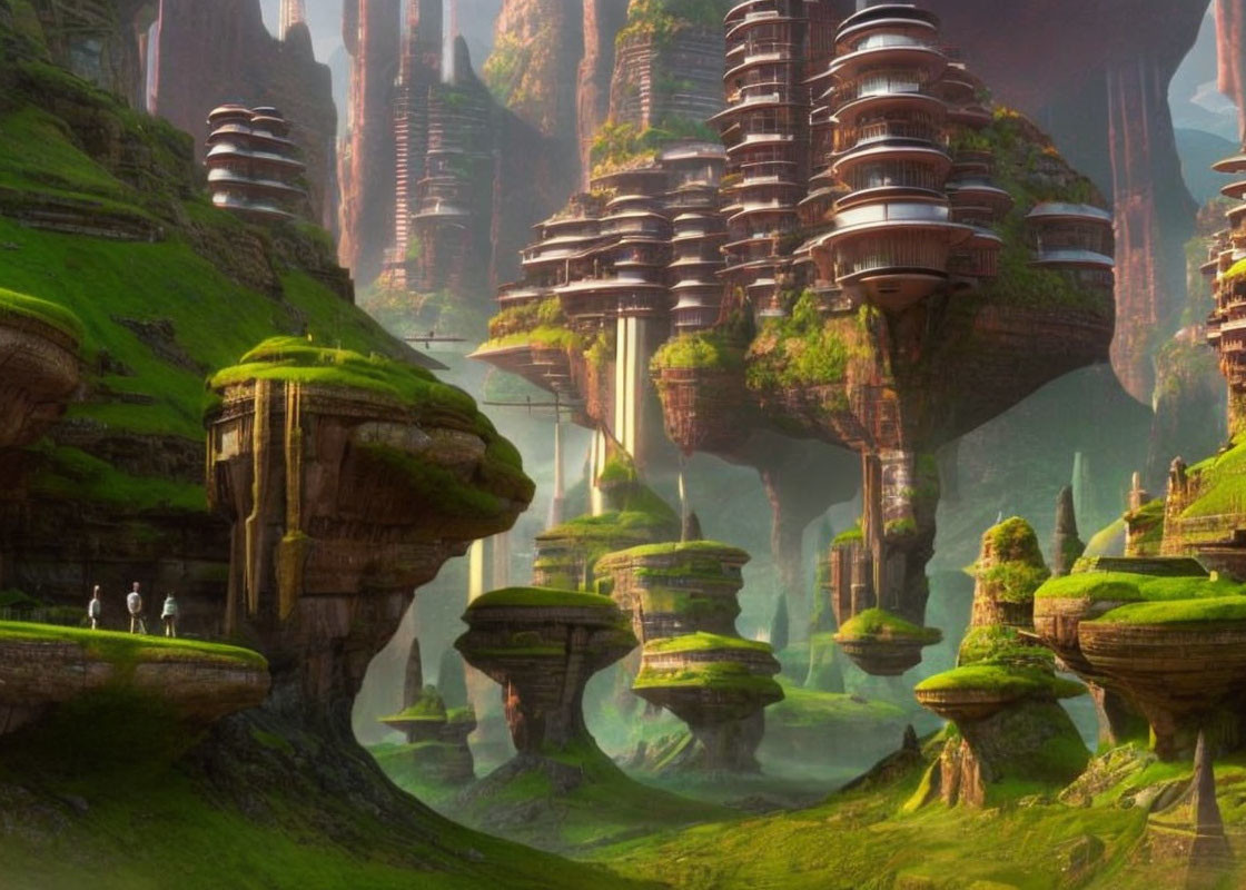 Futuristic tree-like structures in misty forest landscape