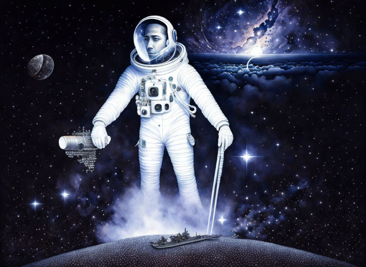 Astronaut on rocky surface with staff and miniature spaceship in cosmic backdrop