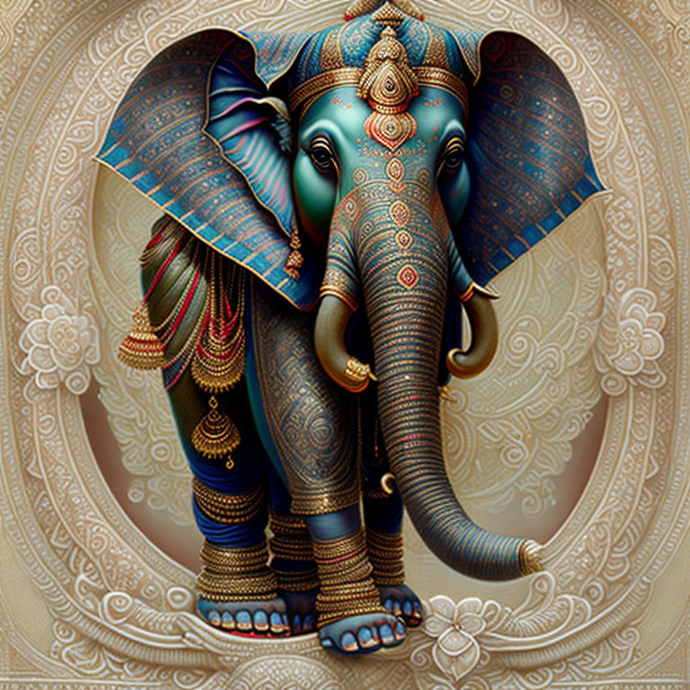 Colorful Ornate Elephant with Intricate Details and Jewelry on Decorative Background