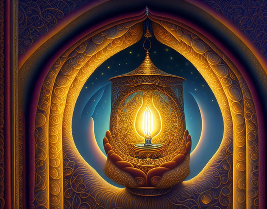 Glowing lantern held in ornate frame against starry night.