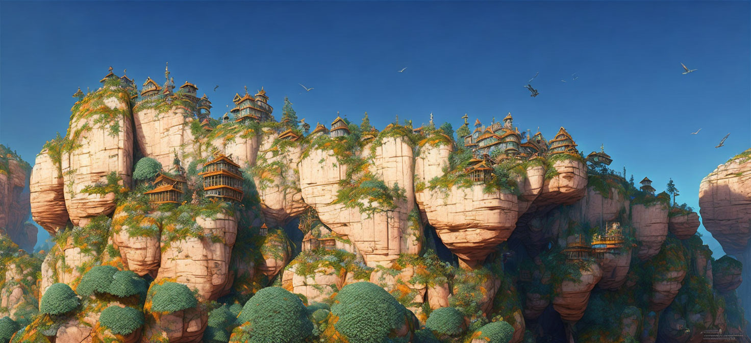 Majestic fantasy landscape with towering rock pillars and ancient temples under blue sky