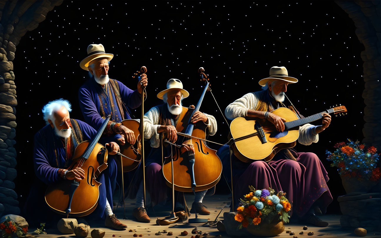 Elderly Musicians Playing String Instruments Under Starry Night Sky