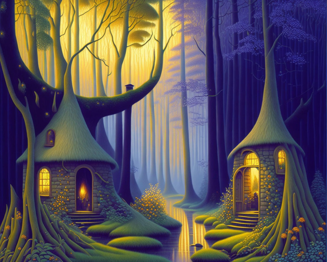 Enchanting night forest scene with whimsical treehouses and serene river