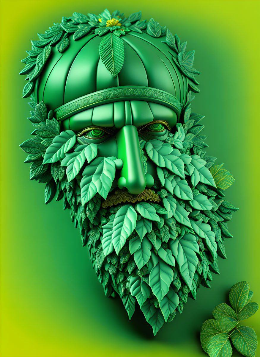 Green leaf-covered bearded face with helmet on lime green background