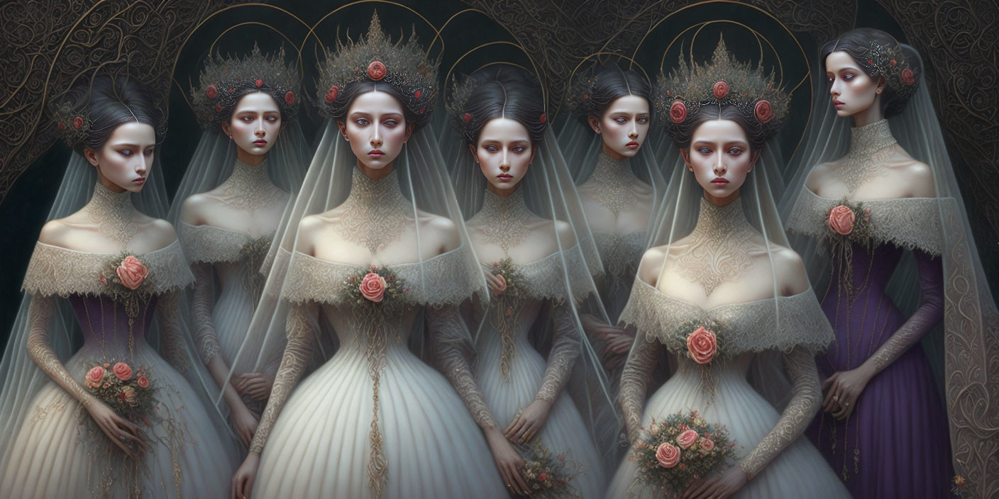 Group of identical women in ornate dresses and headdresses holding roses against dark backdrop