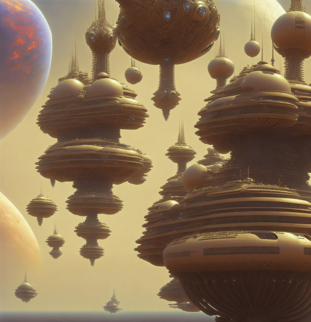 Futuristic floating city with layered structures and spires in golden-hued sky