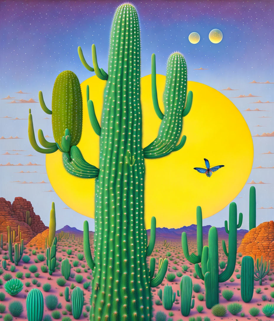 Colorful desert painting with central cactus, hills, bird, sun, and starry sky