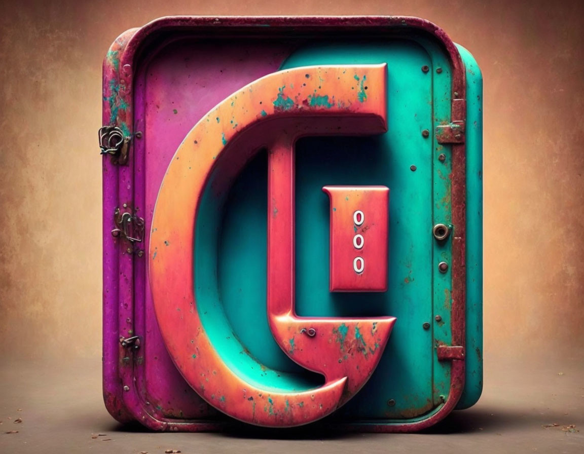 Weathered letter "E" styled as vintage suitcase on muted background