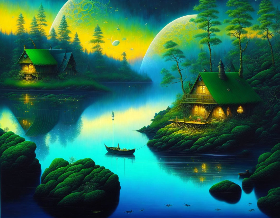 Tranquil fantasy landscape with illuminated cottages, lush greenery, boat, and large moon