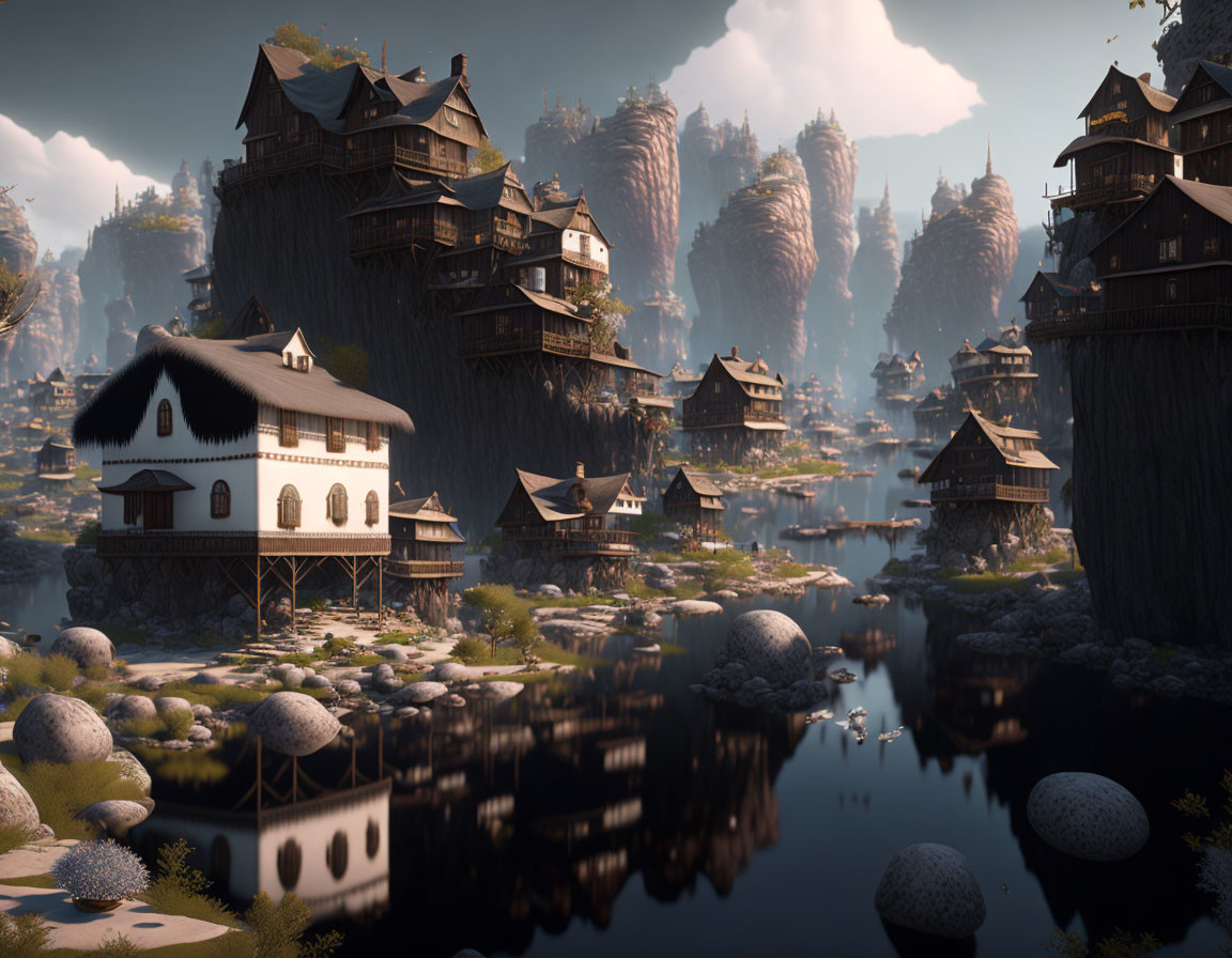 Fantasy village with wooden houses on rugged stones near a calm river