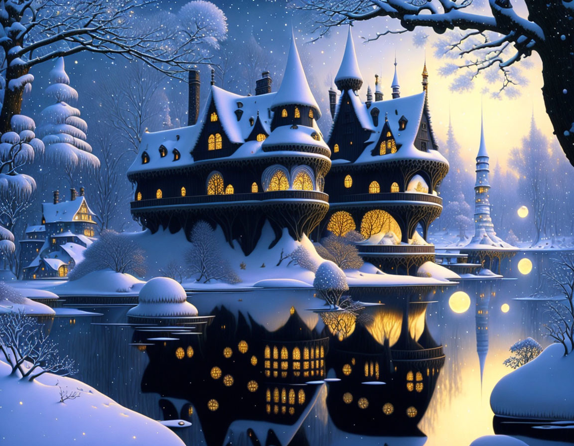 Snow-covered castle at night in winter landscape with glowing windows