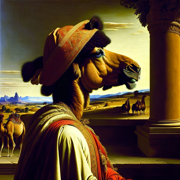 Surreal camel in human attire with desert landscape and other camels