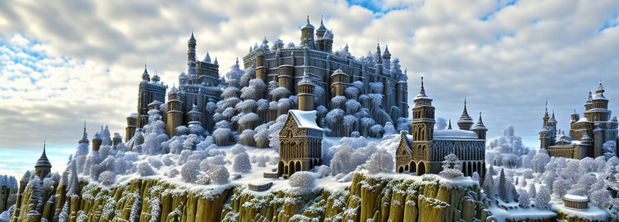 Snow-covered castle with spires on cliff under cloudy sky