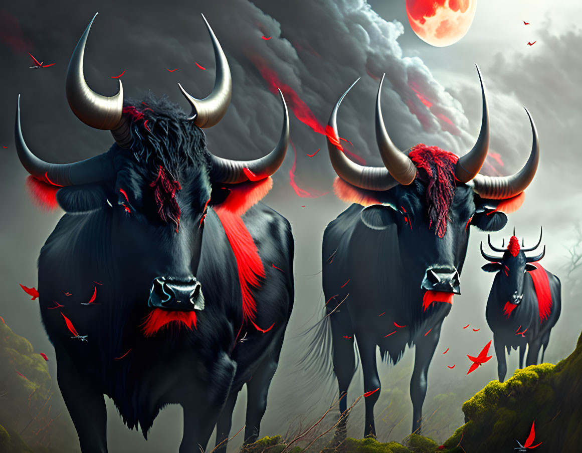 Three mystical bulls with curved horns and red markings under a red moon and brooding sky.