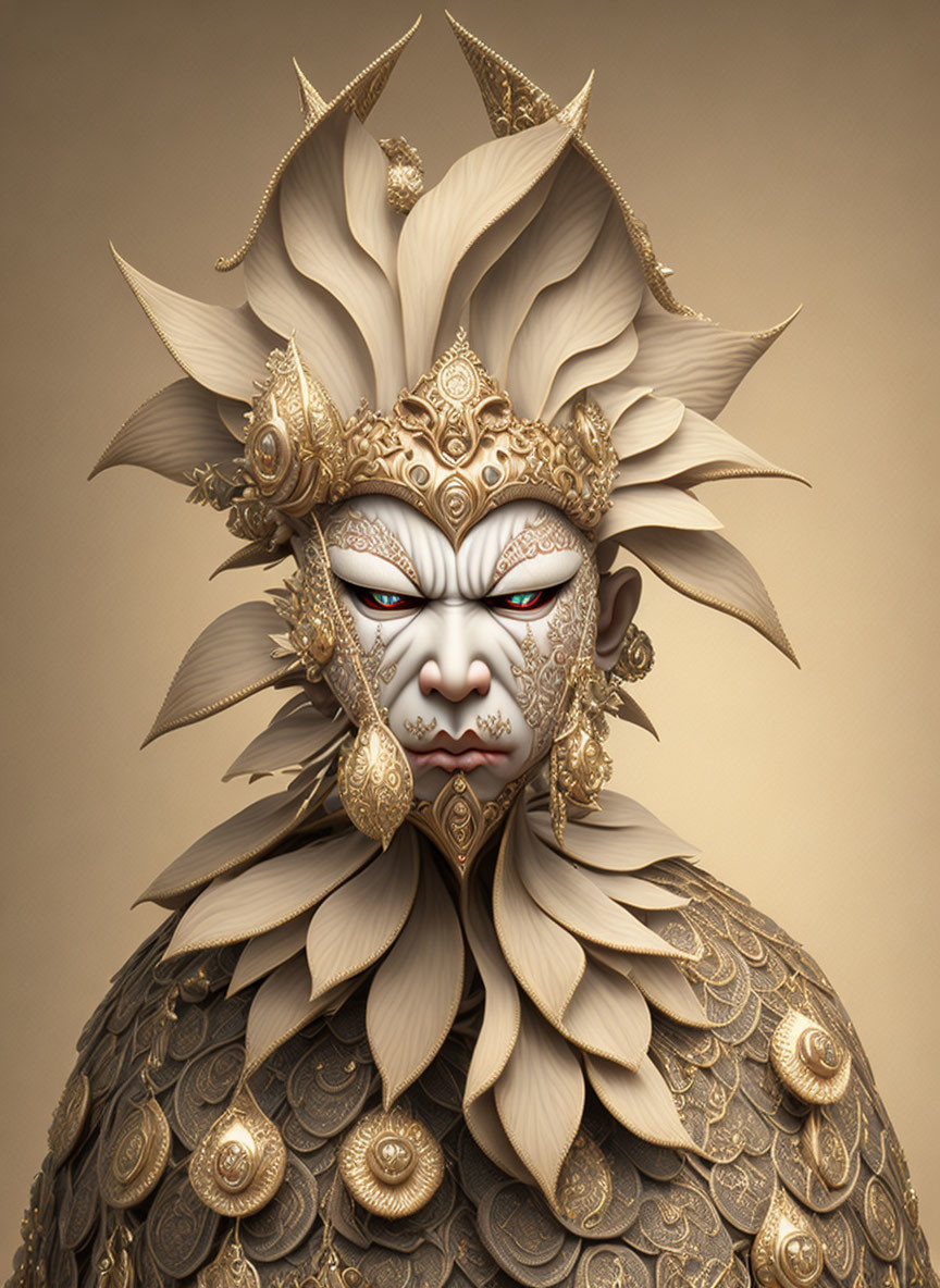 Golden Mask with Intricate Designs and Feathers: Green Eyes and Dragon-like Embellishments