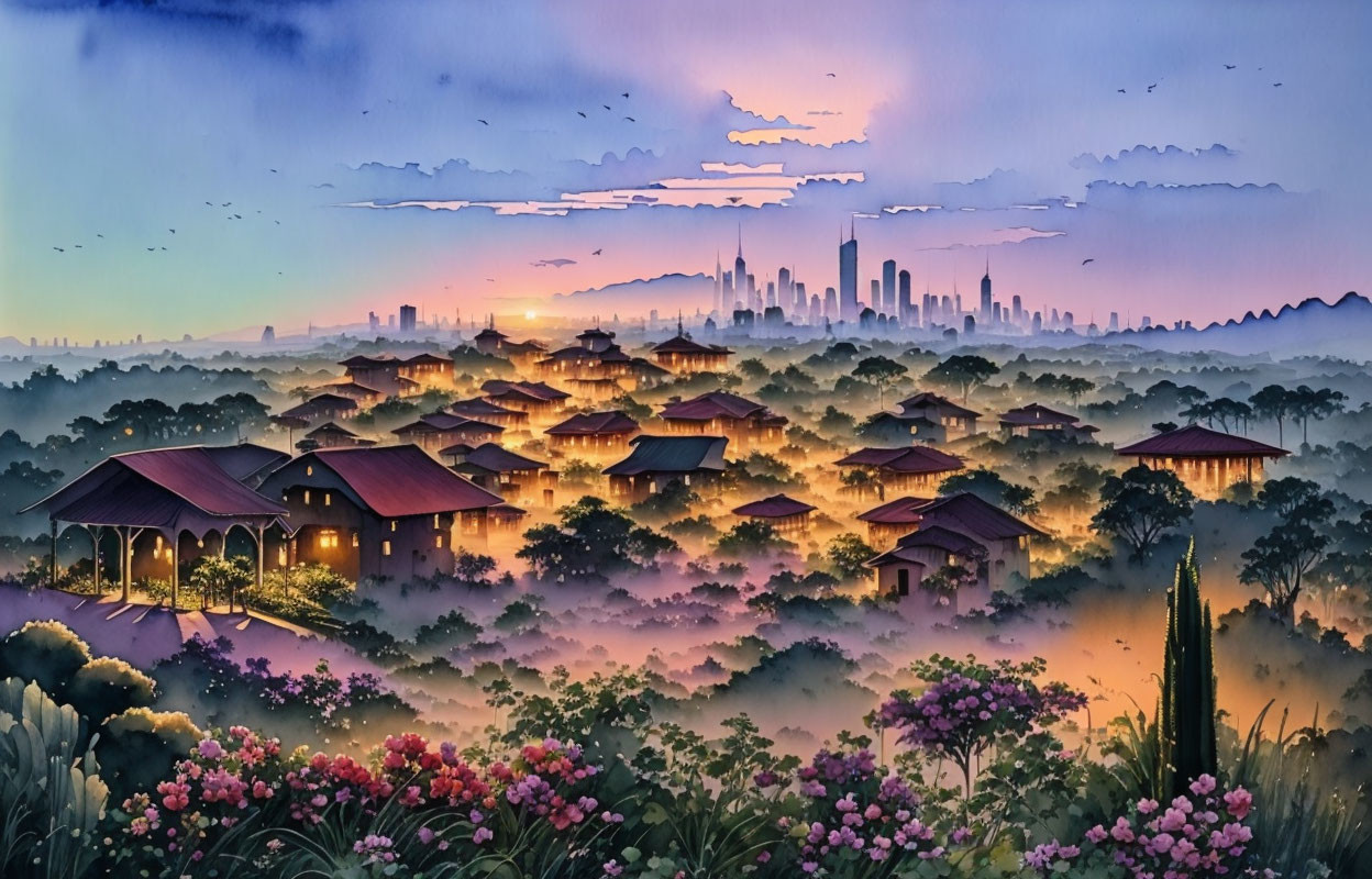 Traditional houses in lush landscape with hazy sunrise and distant city skyline