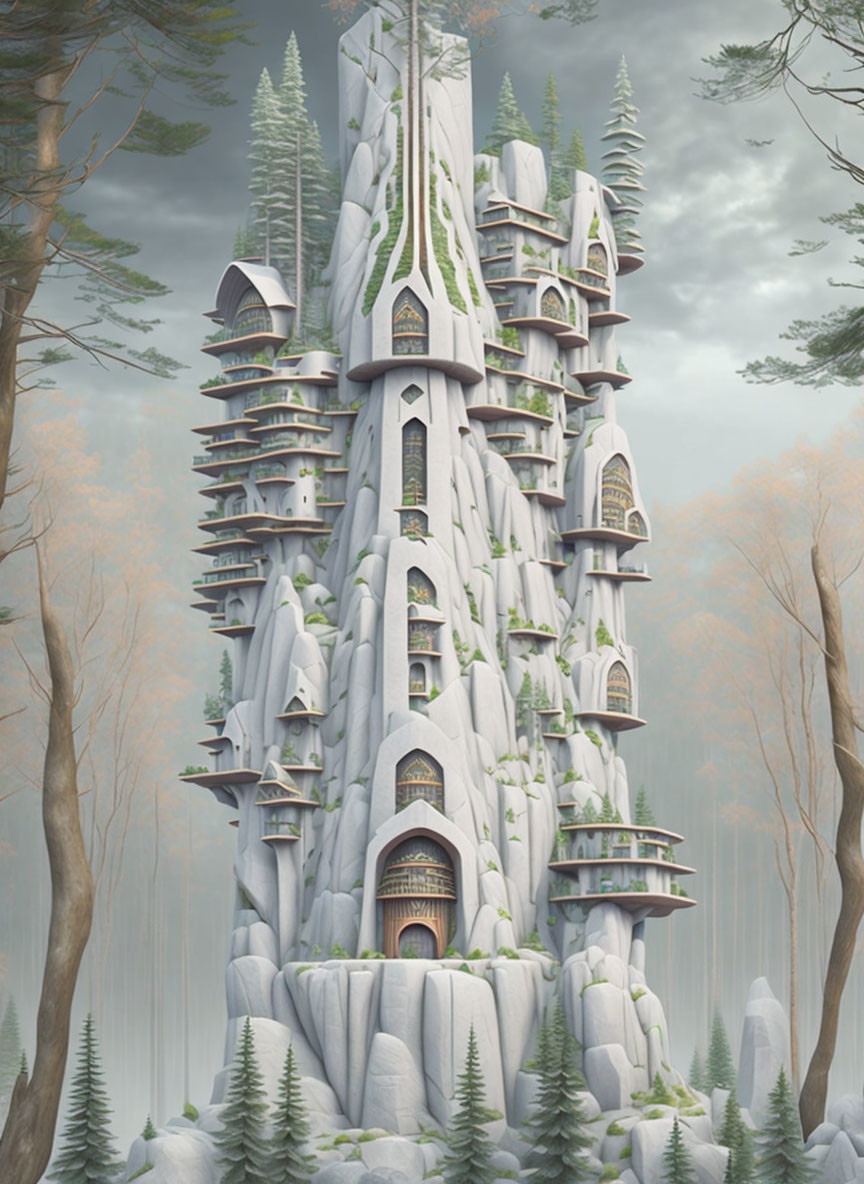 Fantasy tower with balconies in misty forest