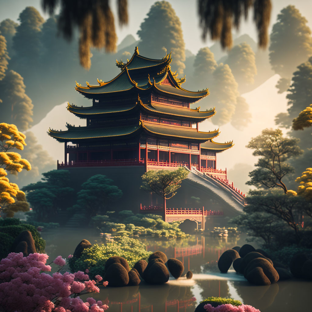 Traditional multi-tiered pagoda in serene pond surrounded by trees in foggy golden light