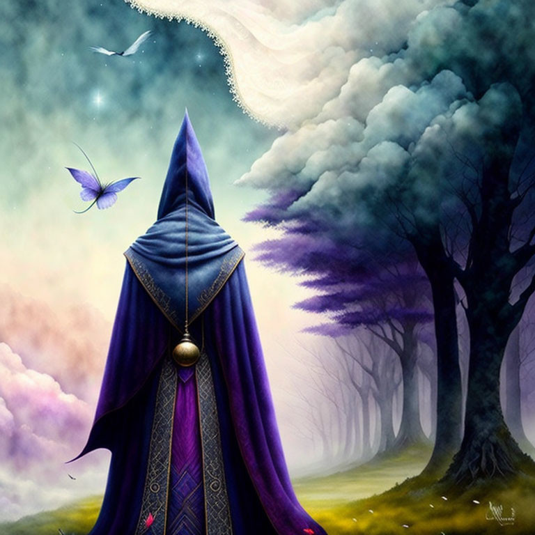 Enchanted forest with cloaked figure, butterfly, bird, and dreamy sky