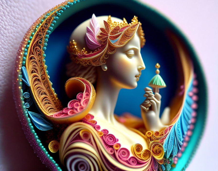 Colorful 3D artwork of stylized female figure with ornate textures.