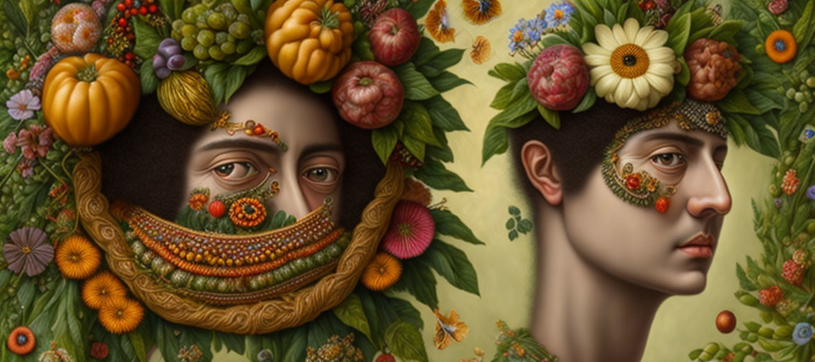 Surreal portrait featuring figures with fruit, flower, and leaf faces