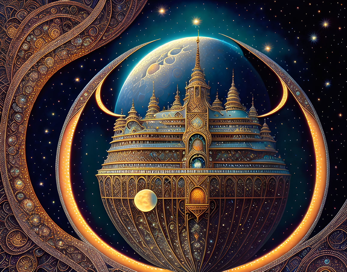 Cosmic castle-like structure with domes and spires under starry sky