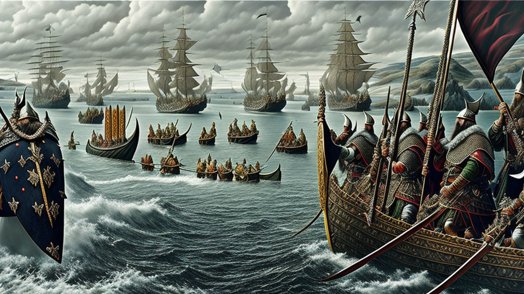 Viking longships and sailing ships with warriors on stormy sea